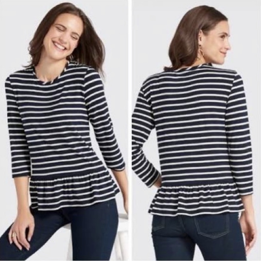 DRAPER JAMES Peplum Sailor 3/4 Sleeve Stripe Navy Blue White Blouse Top Shirt